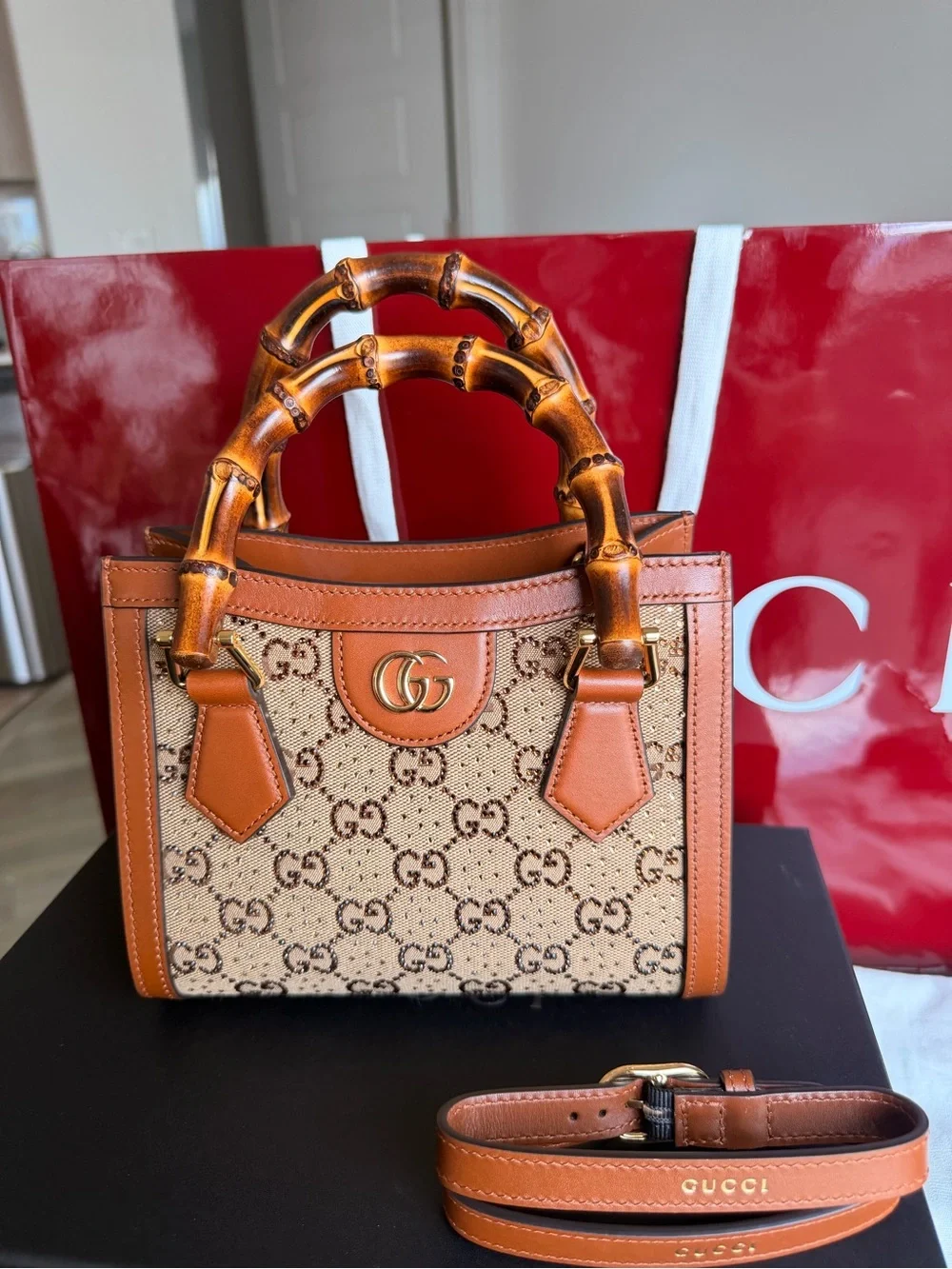 Gucci Tan & Beige GG Bamboo Handle Satchel
